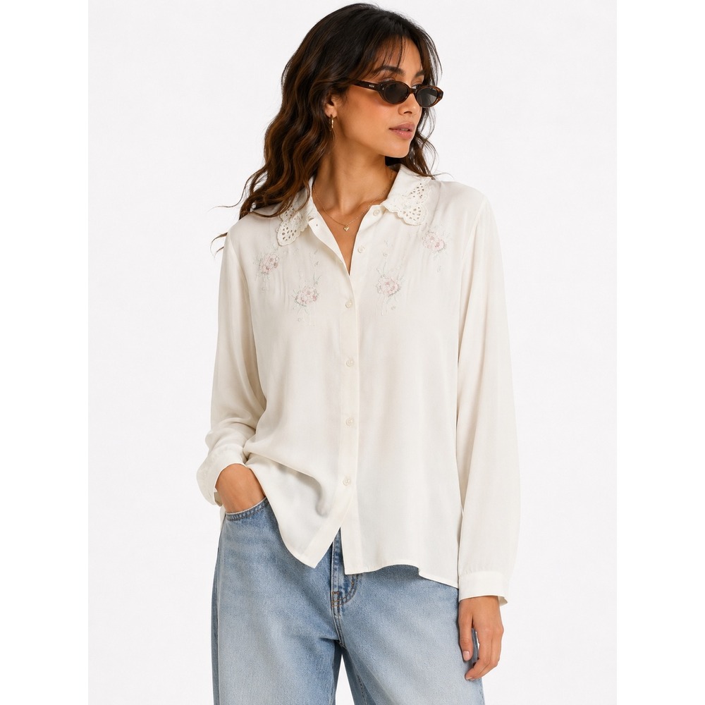 Cathy‎ Chew Blouse Women 10P White Lace Collar Floral Embroidered Vintage Top